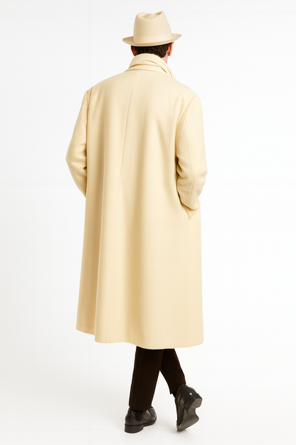 Mens Long Cream Overcoat Wool Fabric in Ivory Off White Color Full length