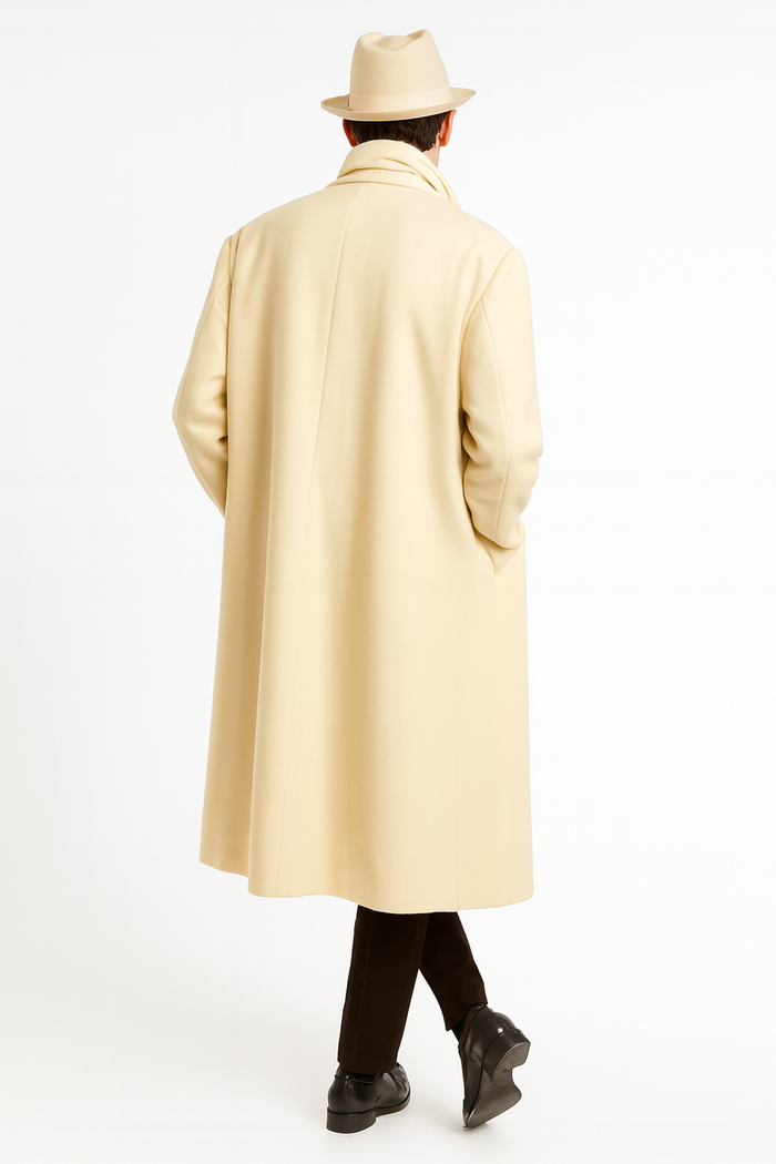 Mens Long Cream Overcoat Wool Fabric in Ivory Off White Color Full length