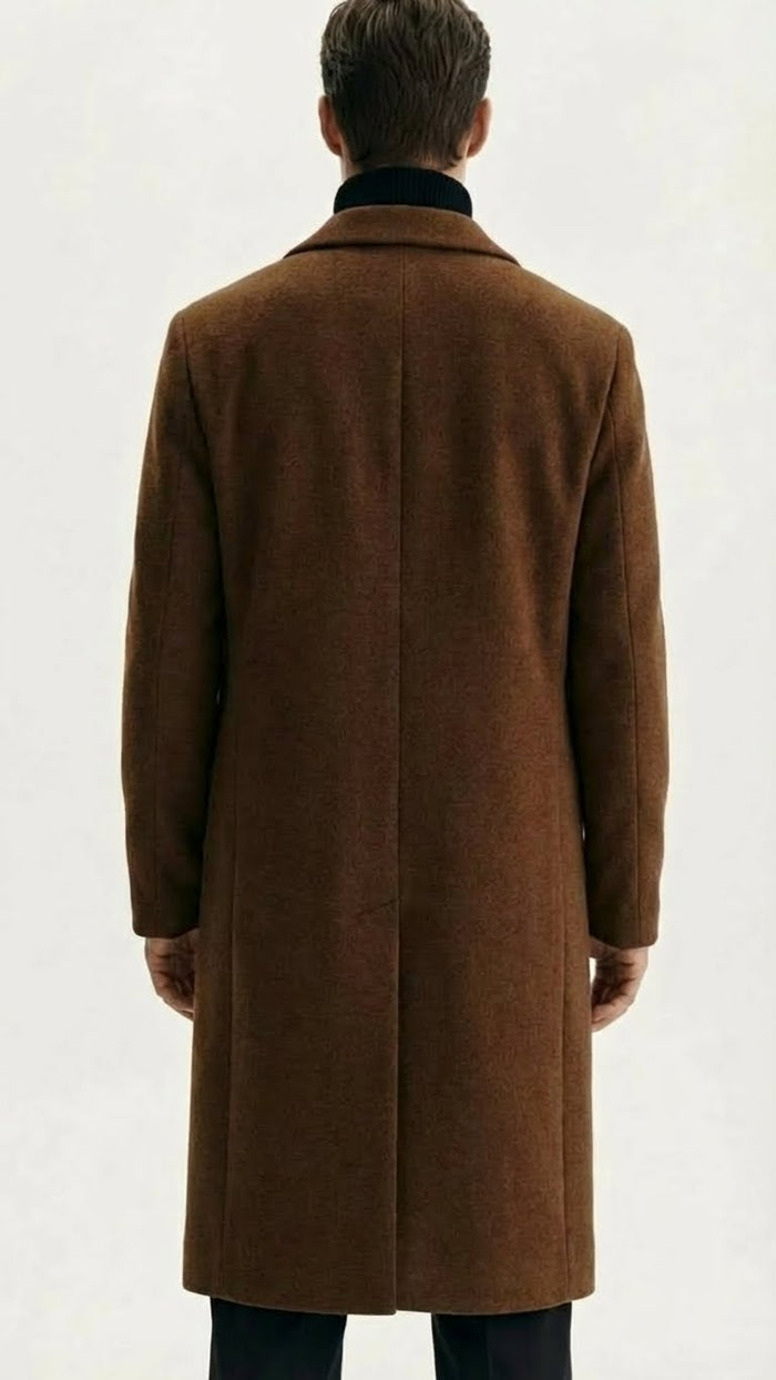 Men's Brown Long Wool Overcoat - Topcoat Wool Carcoat Three Quarter