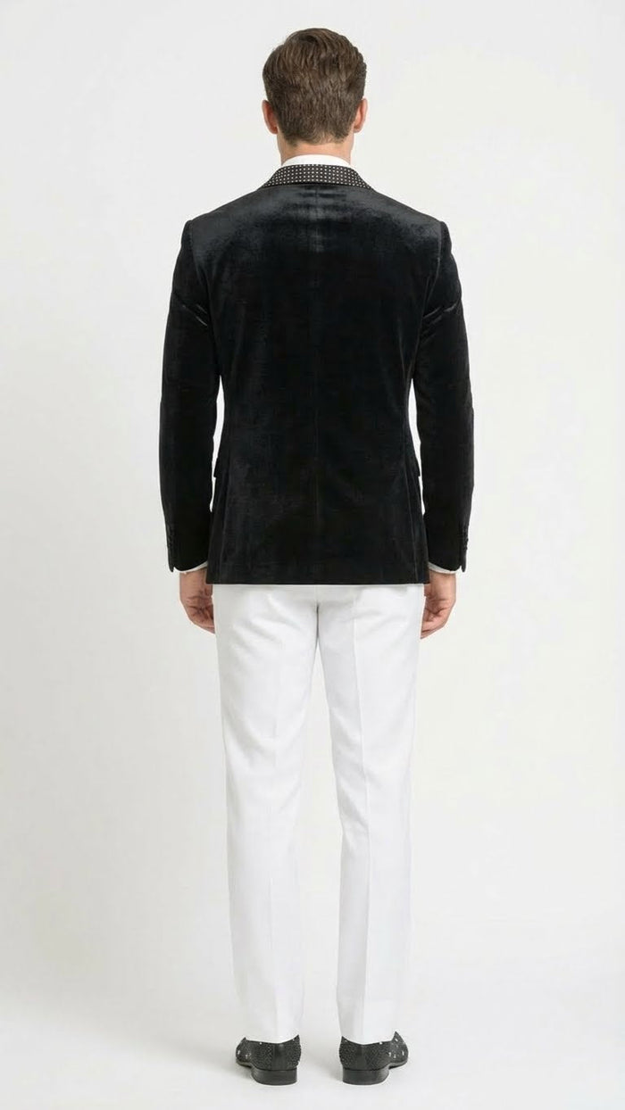 Mens Black Velvet Tuxedo Blazer with Studded Lapel  Formal Evening Jacket
