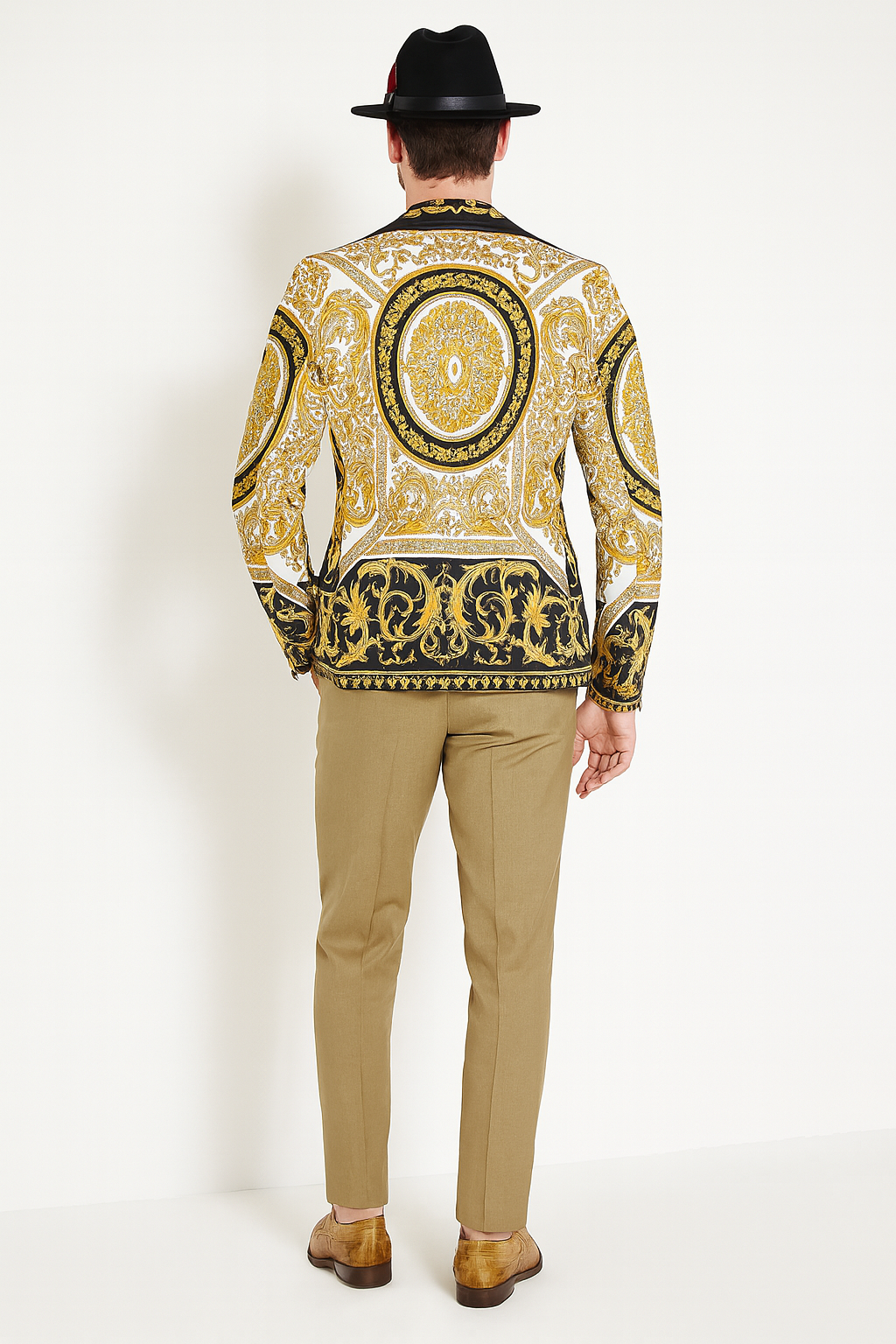 Mens Black and Gold Baroque Blazer with Matching Pants, Hat, and Shoes  Luxury Party and Wedding Outfit Set