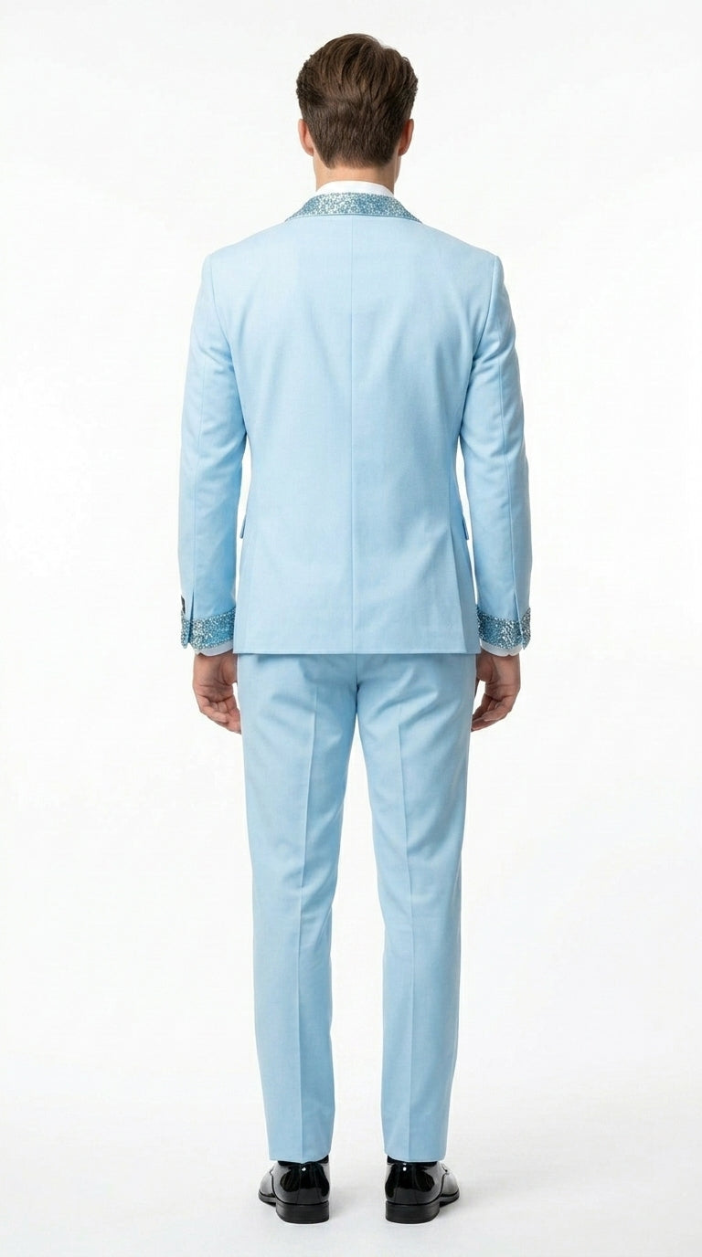 Men’s Baby Blue Prom Tuxedo Suit with Silver Rhinestone Sequin Lapel and Matching Vest