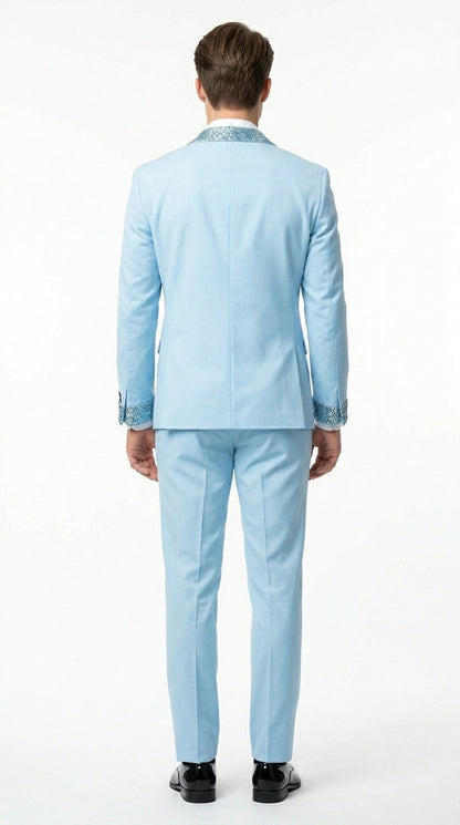 Men’s Baby Blue Prom Tuxedo Suit with Silver Rhinestone Sequin Lapel and Matching Vest