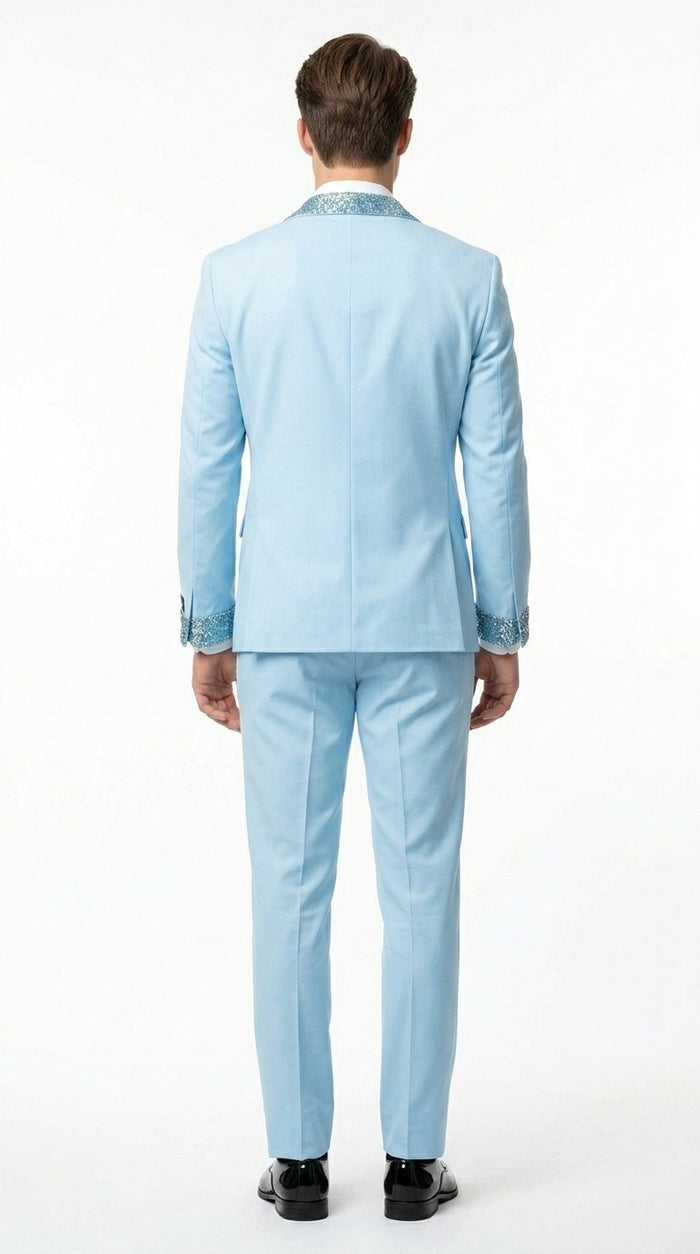 Men’s Baby Blue Prom Tuxedo Suit with Silver Rhinestone Sequin Lapel and Matching Vest