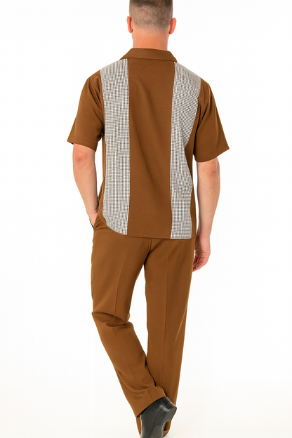 Mens Cognac Tan Two-Piece Outfit  Short Sleeve Button-Up Shirt and Pants Set