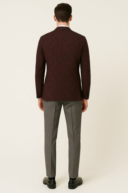 Mens Burgundy and Black Paisley Tuxedo Blazer  Slim Fit Formal Dinner Jacket