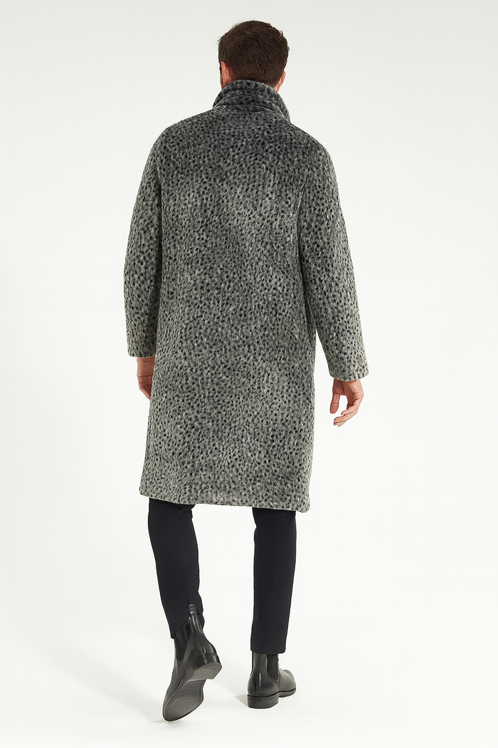 Mens Luxury Long Grey Faux Fur Coat  Winter Overcoat with Animal Print Design