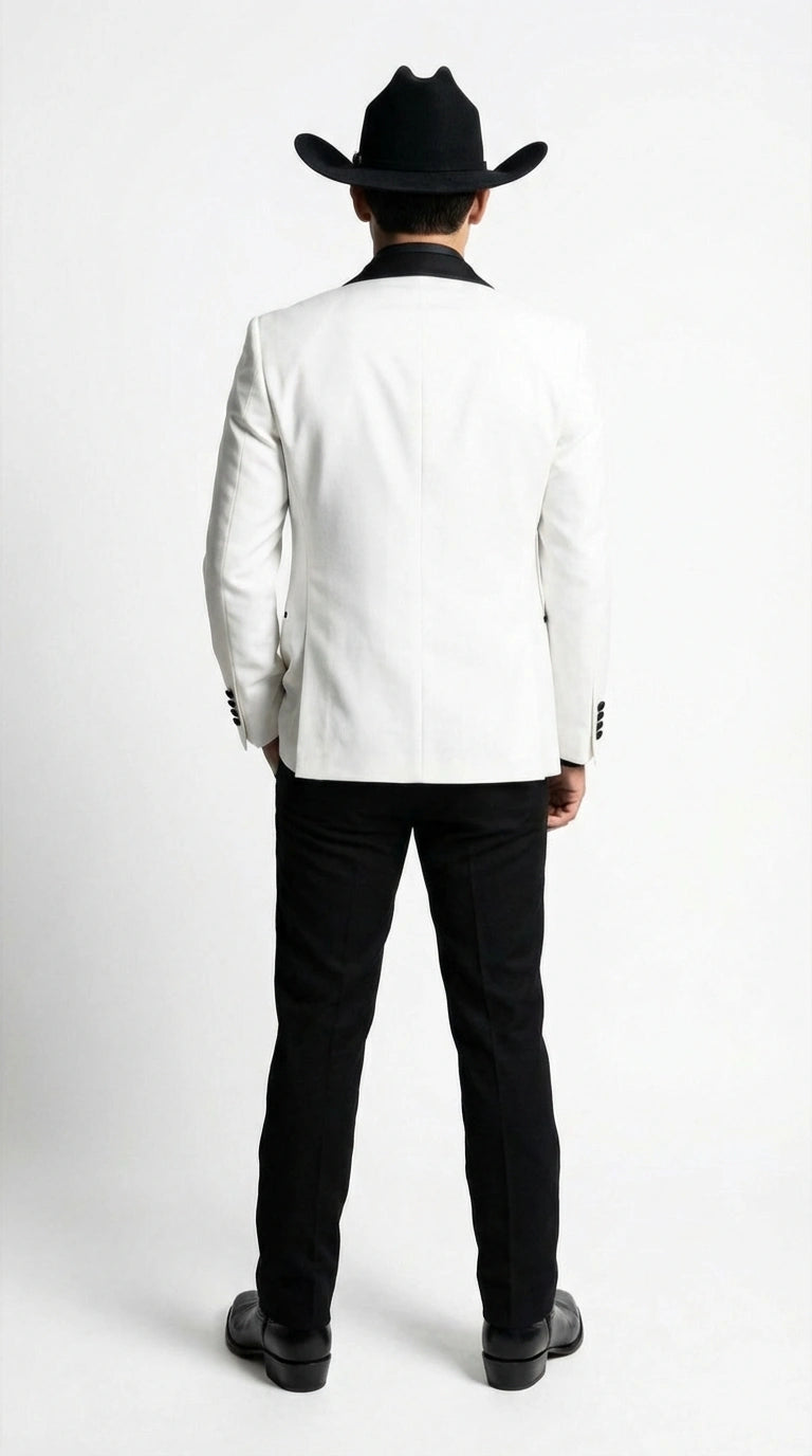 Men’s White Cowboy Tuxedo with Black Satin Lapel – Western Formal Suit with Matching Vest