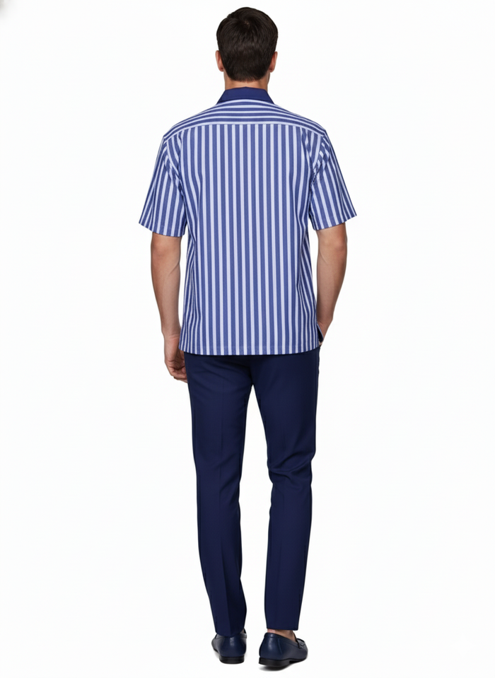 Men's Blue and White Vertical Stripe Short Sleeve Shirt Set - Casual Summer Two-Piece Outfit