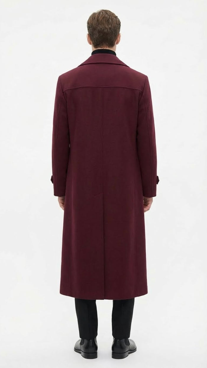 Mens Full-Length Burgundy Overcoat  Microfiber 4 season fabric  Long Formal Coat with Classic Tailored Maxi Duster Coat