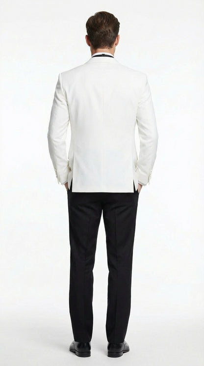 Men's White Dinner Jacket Tuxedo Blazer with Black Satin Shawl Lapel With Black Tuxedo Pants