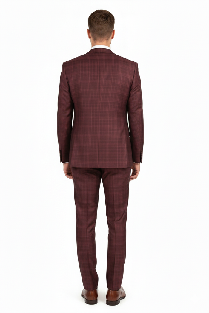 Mens Burgundy Checkered 3-Piece Suit  Windowpane Classic Fit Plaid Blazer with Vest and Pants