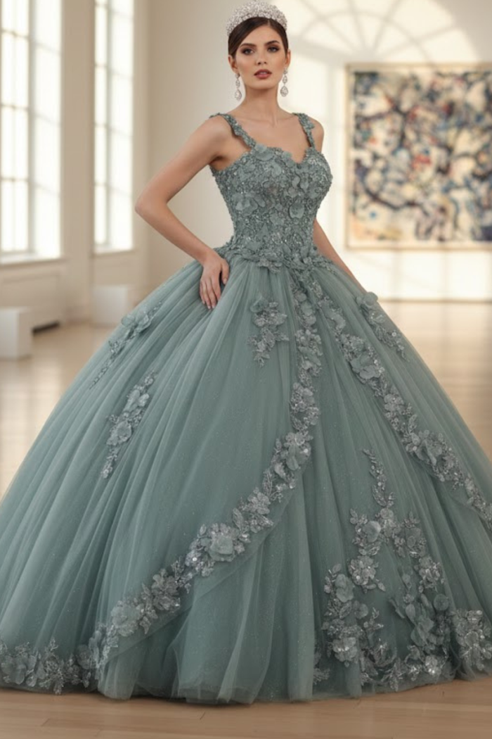 Sleeveless Glitter Floral Ball Quinceanera Gown