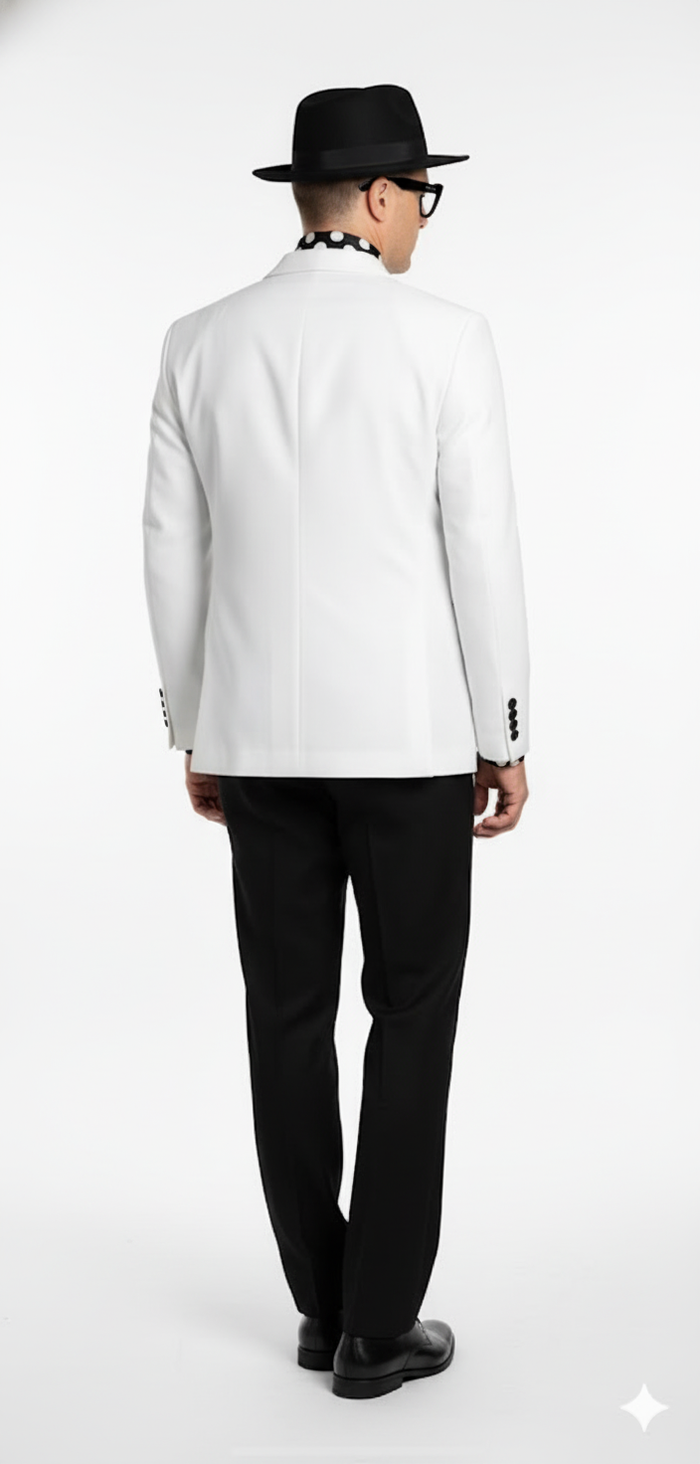 Mens White and Black Double-Breasted Tuxedo  Modern Slim Fit Formal Suit for Weddings, Parties, and Special Occasions