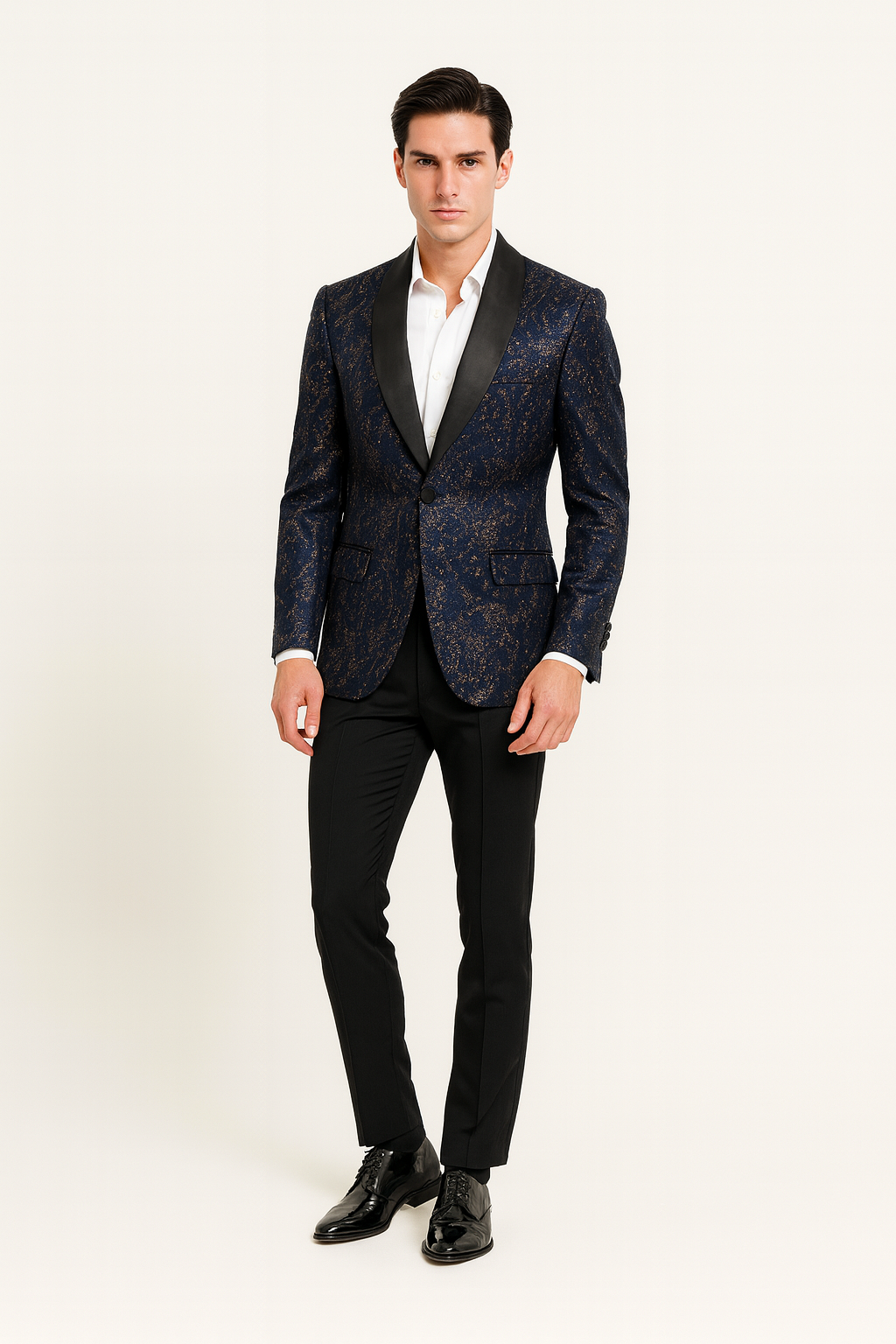 Mens Navy Blue Sequin Tuxedo Jacket with Black Satin Shawl Lapel  Luxury Prom and Wedding Blazer