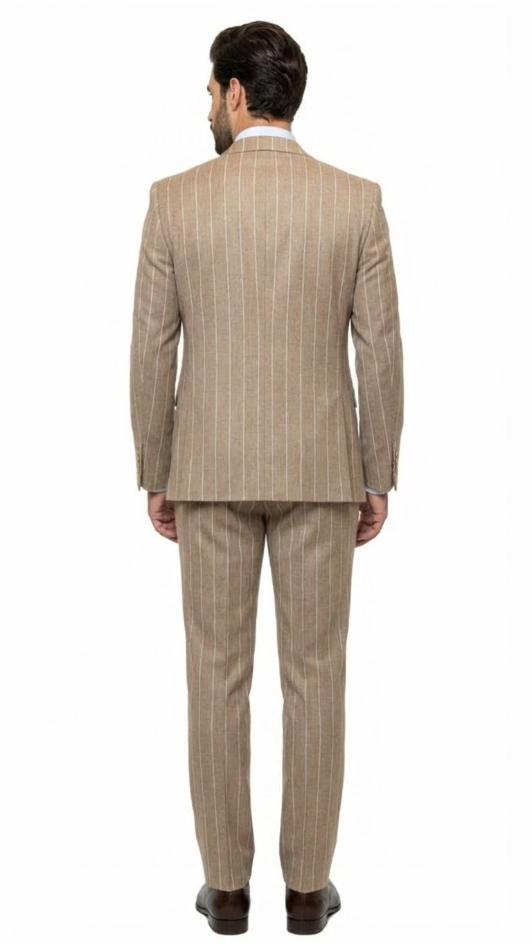Men's Beige Pinstripe Three-Piece Vested Suit  Tailored Fit  Business Attire in Tan Stripe by Rossiman