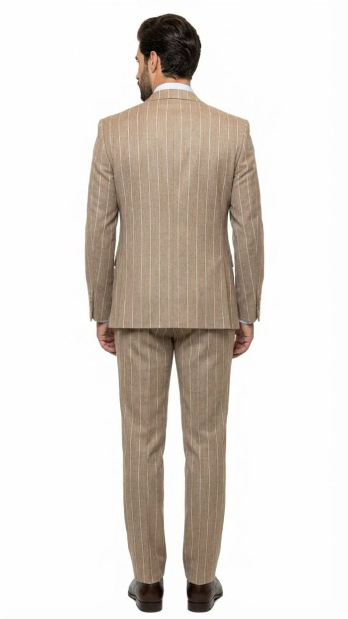 Men's Beige Pinstripe Three-Piece Vested Suit  Tailored Fit  Business Attire in Tan Stripe by Rossiman