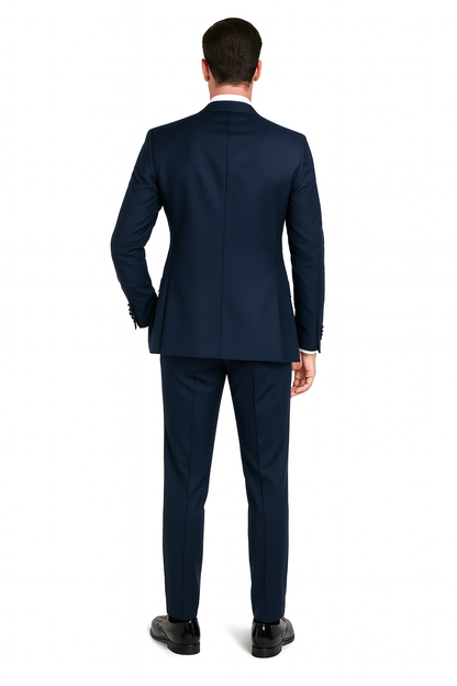 Mens Navy Blue Tuxedo with Satin Peak Lapel with navy sateen   3 Piece Formal Suit with Vest and Bow Tie