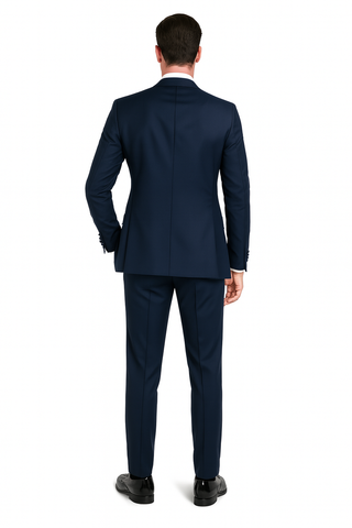 Men’s Navy Blue Tuxedo with Satin Peak Lapel with navy sateen  – 3 Piece Formal Suit with Vest and Bow Tie