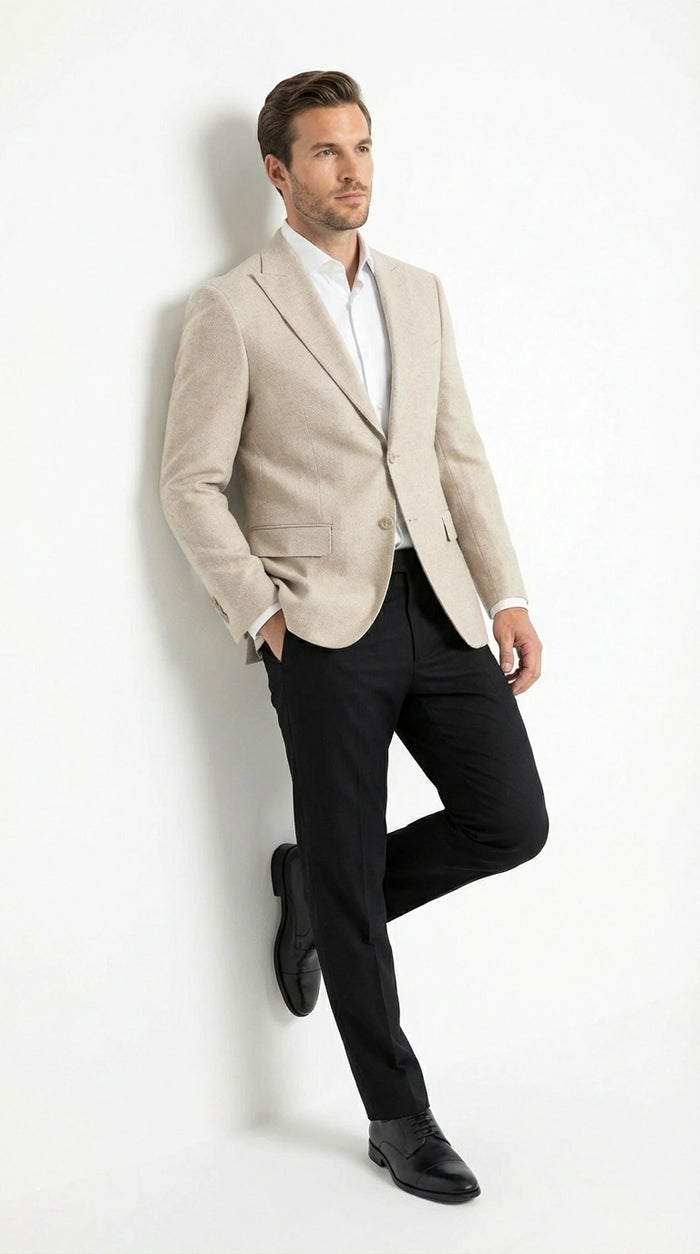 Zacchi Men’s Beige Hopsack Blazer – Classic Two Buttons Sport Coat with Peak Lapel Formal Jacket