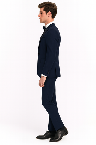 Men’s Navy Blue  Tuxedo with Satin Peak Lapel With Matching Color Lapel Sateen – Formal 2 Piece Suit