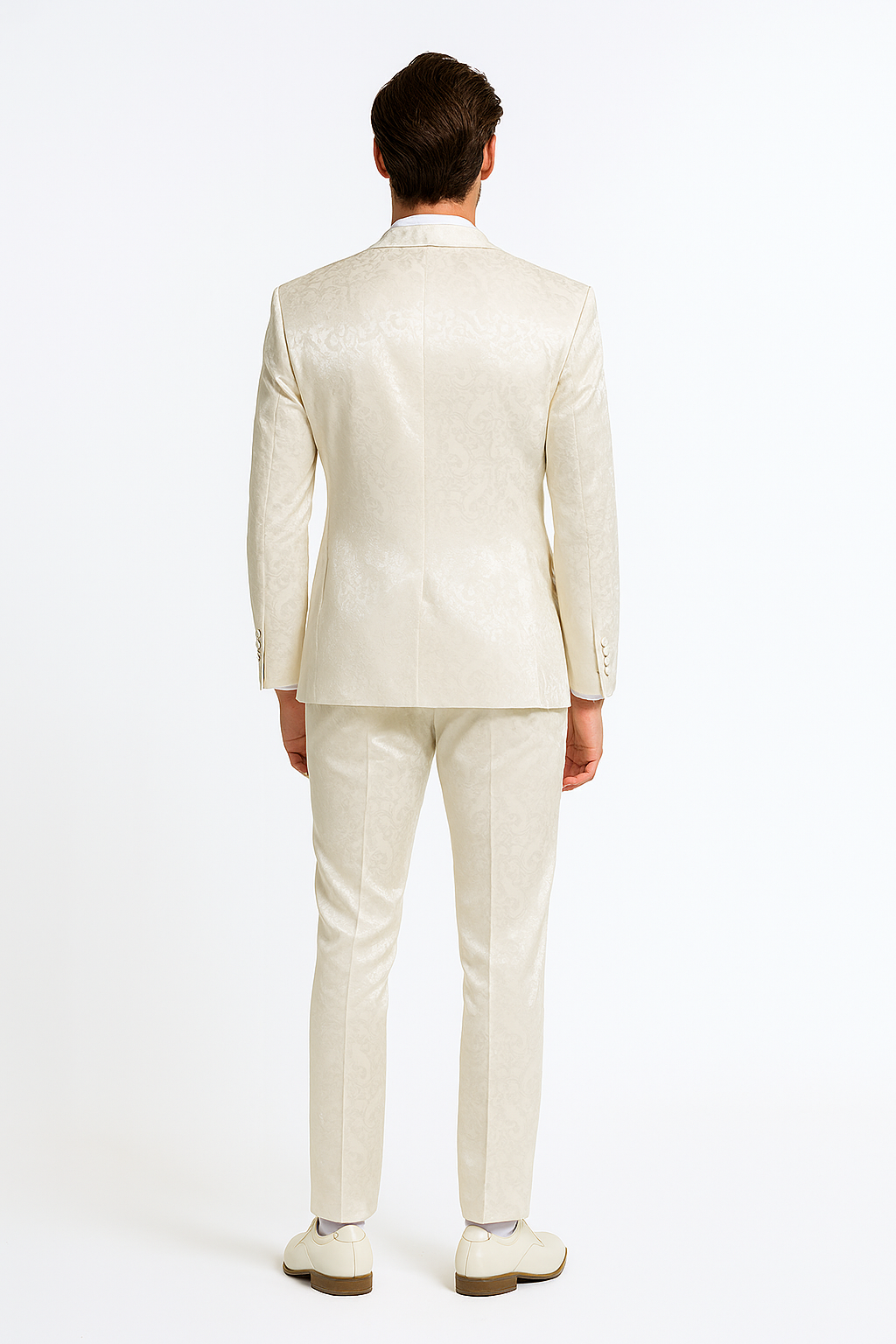 Mens Champaign Ivory  Jacquard Paisley Tuxedo Suit with Satin Shawl Lapel  Elegant Wedding and Prom Outfit By Rossiman