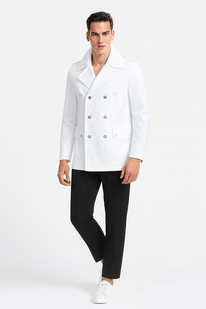 Mens White Double-Breasted Peacoat Jacket  Classic Stylish Outerwear Wool Fabric Slim Fitted