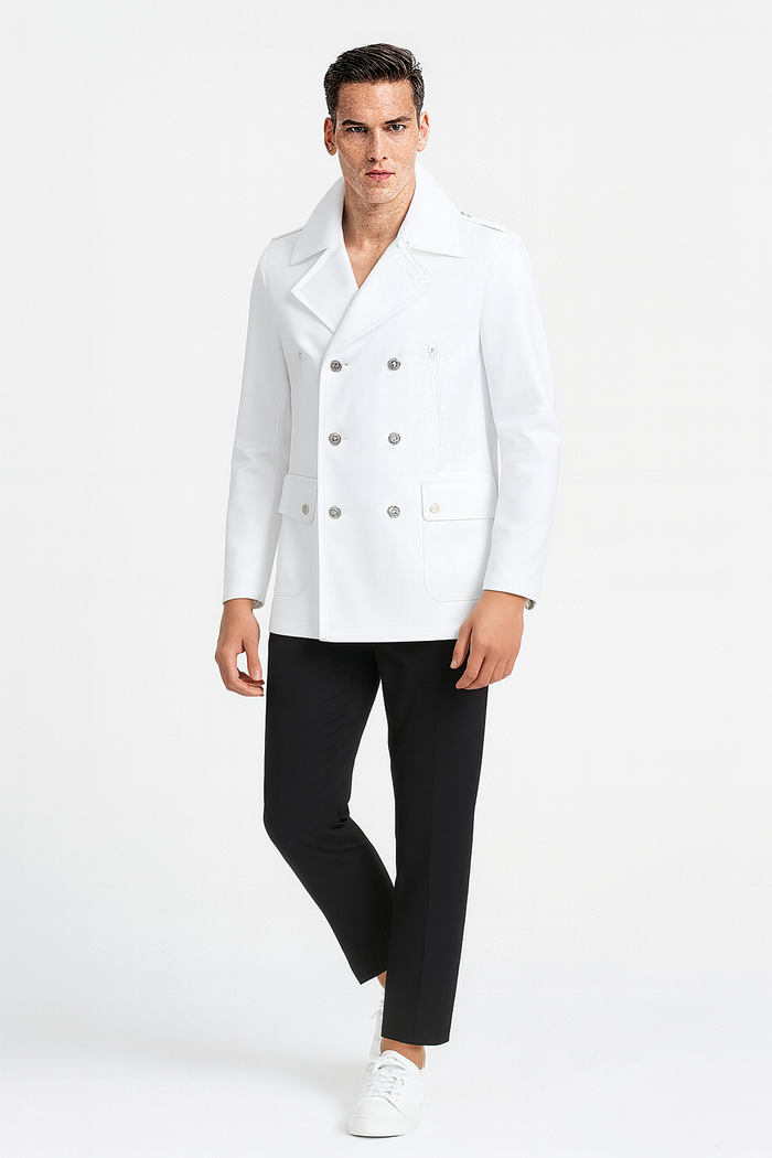 Men's White Double-Breasted Peacoat Jacket - Classic Stylish Outerwear Wool Fabric Slim Fitted