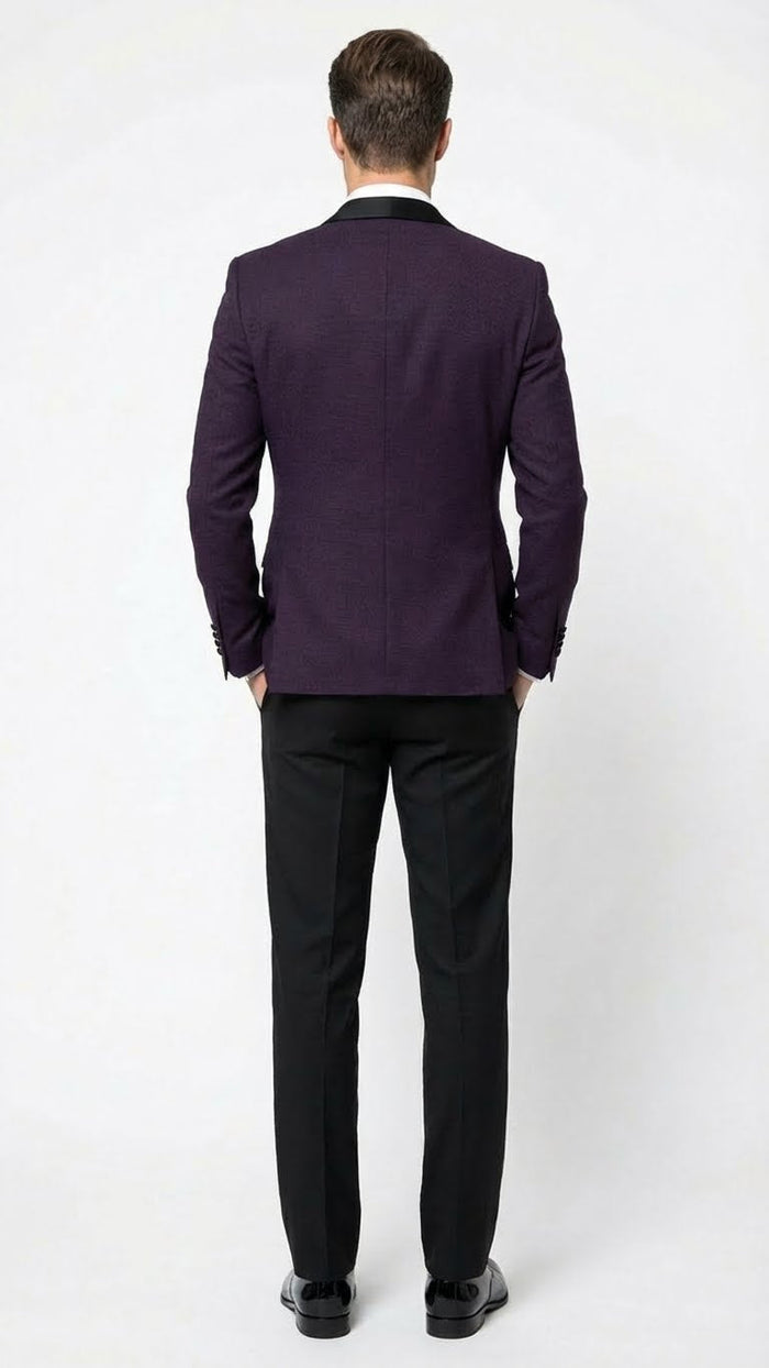Men's Eggplant Plum Purple Tuxedo Blazer with Satin Lapel, White Tuxedo Shirt and Matching Purple Bow Tie - Slim Fitted - Prom wedding Suit With Pants