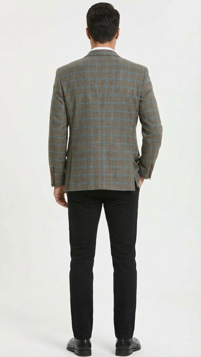 Mens Green Brown and Teal Plaid Sport Coat  Tailored Fit Check Blazer Jacket - Tartan Sportcoat