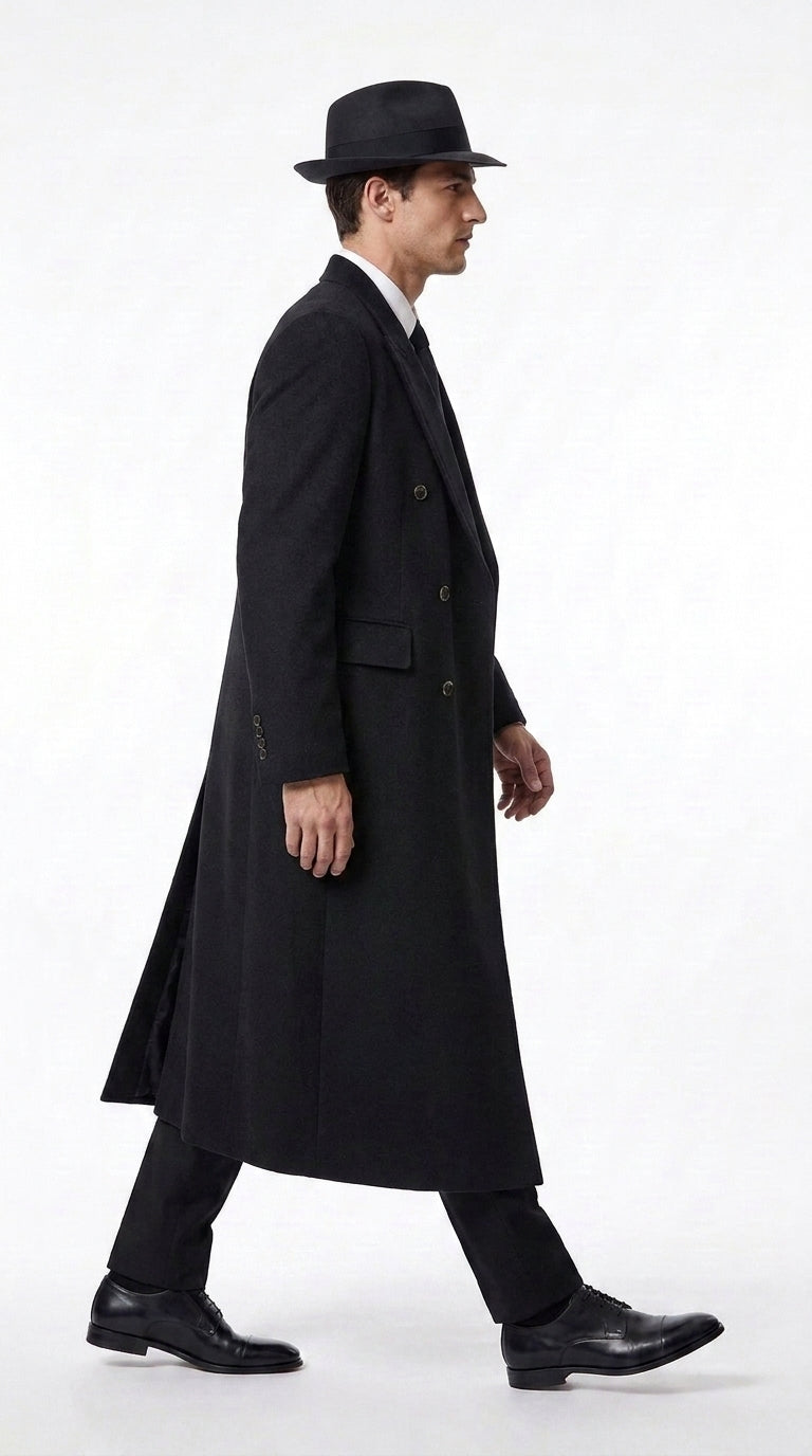 Men’s Godfather Black Double-Breasted Long Overcoat – Vintage Mobster Gangster Coat