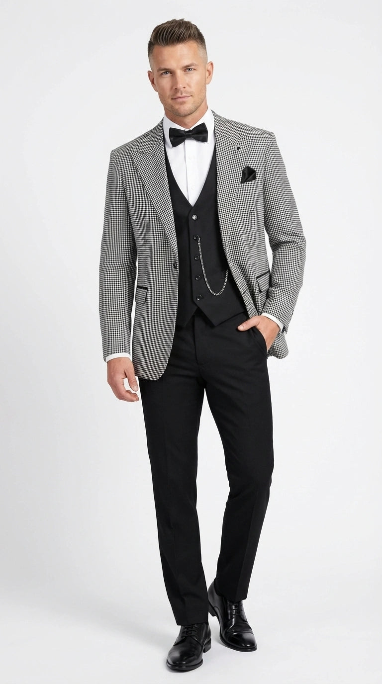 Men’s Black and White Houndstooth Gatsby Inspired Suit – Vintage Style Formal Suit for Wedding, Prom and Classic Events Blazer + Black vest + Black Pants