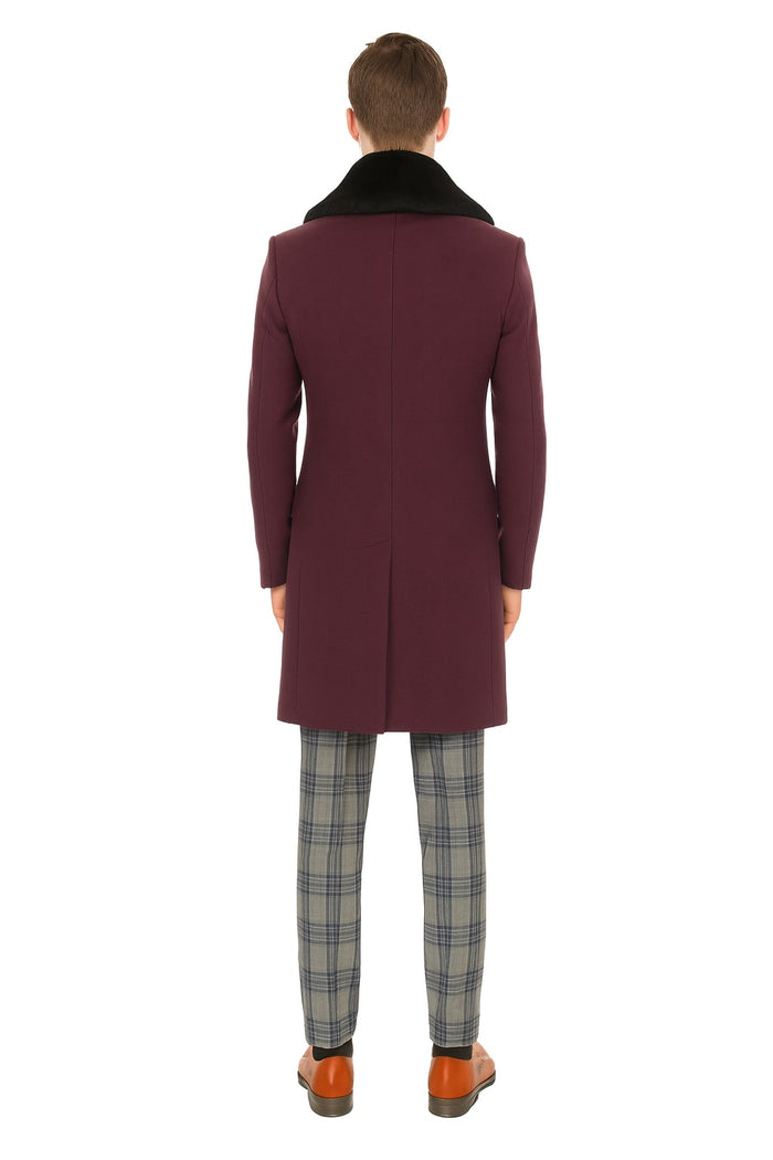 Mens Purple Wool Overcoat with Black Faux Fur Collar  Luxury Winter Dress Coats for Formal and Casual Wears