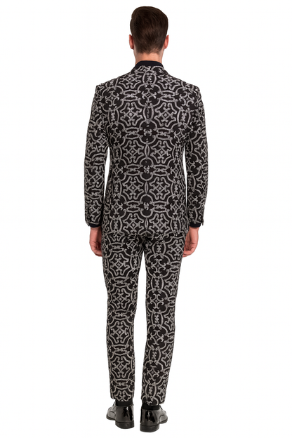 Mens Black and Silver Sequin Tuxedo  Slim Fit 2-Piece Party and Wedding Suit with Sparkling Design- Black and White Color