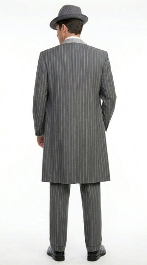Men’s Grey Pinstripe Zoot Suit 3 Piece – 1920s Gangster Vintage Wide Lapel Suit with Vest for Wedding, Party