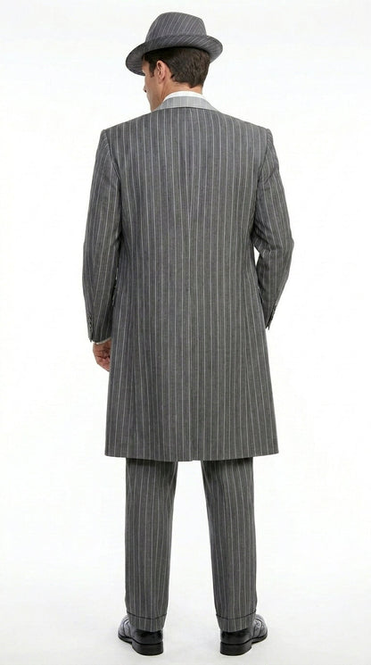 Men’s Grey Pinstripe Zoot Suit 3 Piece – 1920s Gangster Vintage Wide Lapel Suit with Vest for Wedding, Party