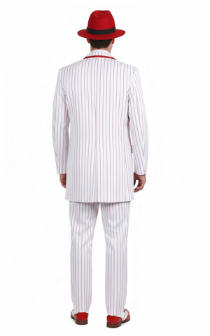 Men’s 1920s White and Red Pinstripe Zoot Suit with Fedora Hat and Wingtip Shoes – Vintage Gangster 3-Piece New Year Holiday Christmas Suit