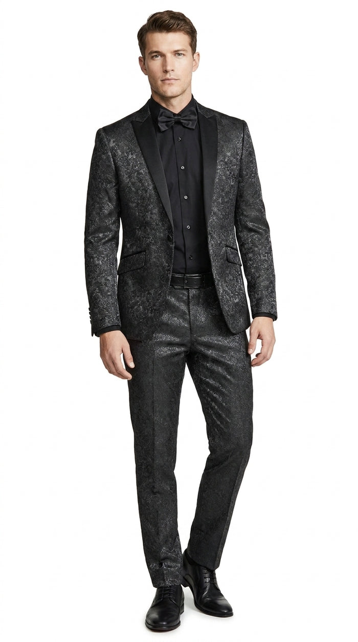 Men’s Black Paisley Wedding and Prom Tuxedo with One Button Jacket, Formal Dinner Suit
