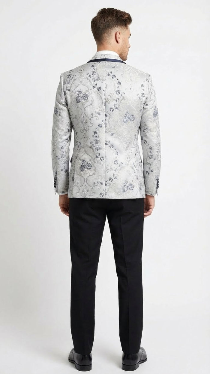 Mens White and Navy Blue Lapel  Floral Jacquard Blazer with Contrast Shawl Lapel  Luxury Wedding and Party Wear Jacket paisley Tuxedo Navy Pants