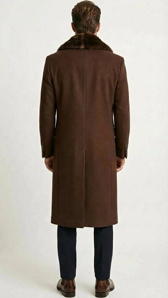 Mens Brown Long Overcoat with Faux Fur Collar  Classic Winter Formal Coat Three Quarter Carcoat Wool and Cashmere Fabric