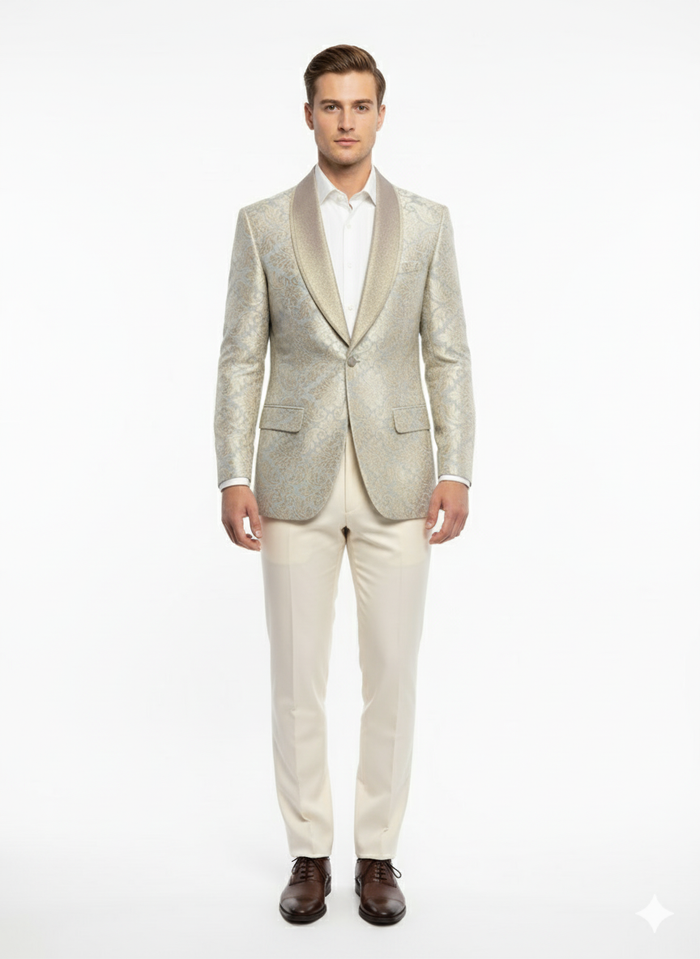 Mens Champaign Silver and Cream Embroidered Luxury Blazer  Floral Pattern Wedding & Party Dinner Jacket in Light Tan Color