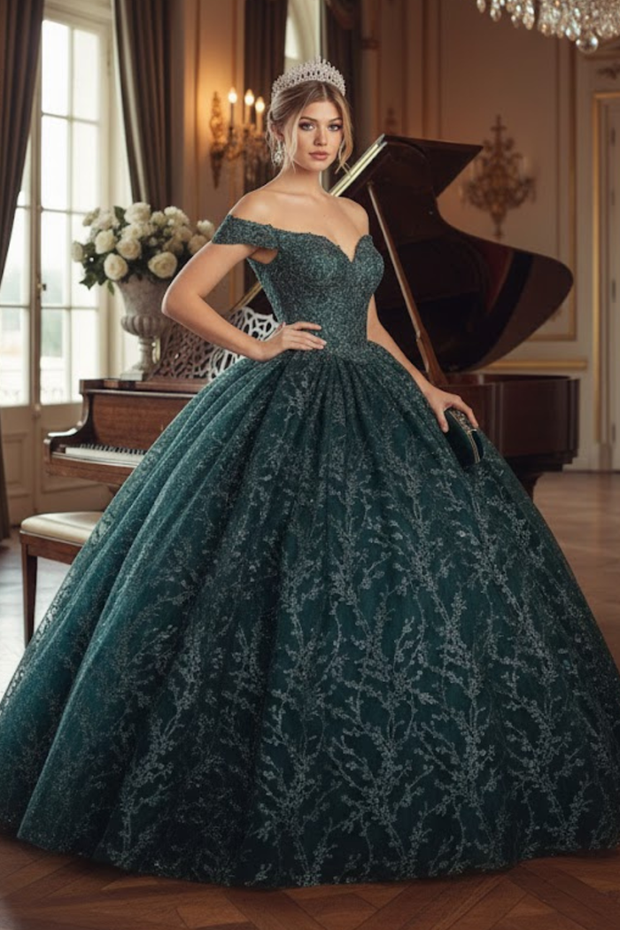 Off Shoulder Corset Quinceanera Glitter Ball Gown