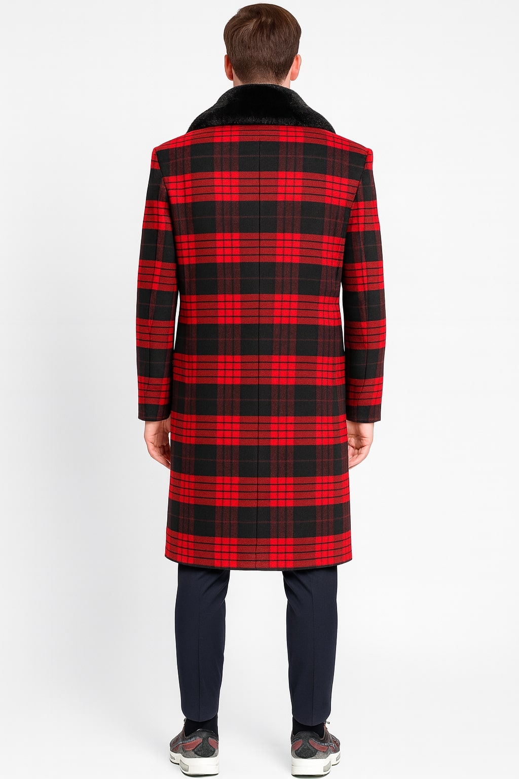 Mens Red and Black Plaid Wool Overcoat with Black Faux Fur Shawl Collar  Double-Breasted Winter Coat - Tartan Design
