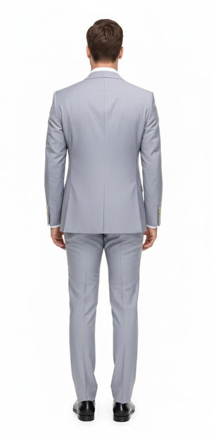 Mens Silver Grey Double-Breasted 3-Piece Suit  Classic Tailored Fit with Peak Lapel and Gold Buttons for Weddings, Church and Formal Events