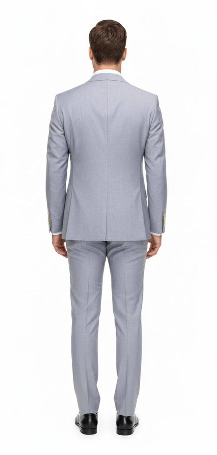 Mens Silver Grey Double-Breasted 3-Piece Suit  Classic Tailored Fit with Peak Lapel and Gold Buttons for Weddings, Church and Formal Events