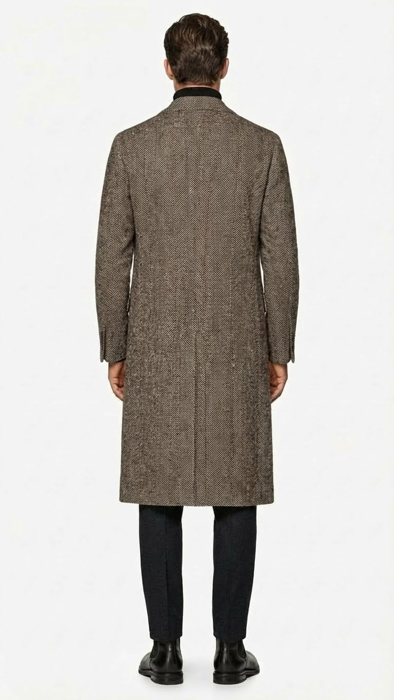 Mens Black & Grey  Herringbone Tweed Wool Blend Overcoat  Classic Single-Breasted Winter Blazer Carcoat