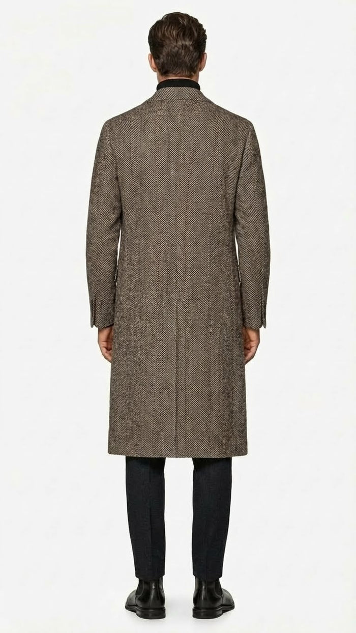 Mens Black & Grey  Herringbone Tweed Wool Blend Overcoat  Classic Single-Breasted Winter Blazer Carcoat
