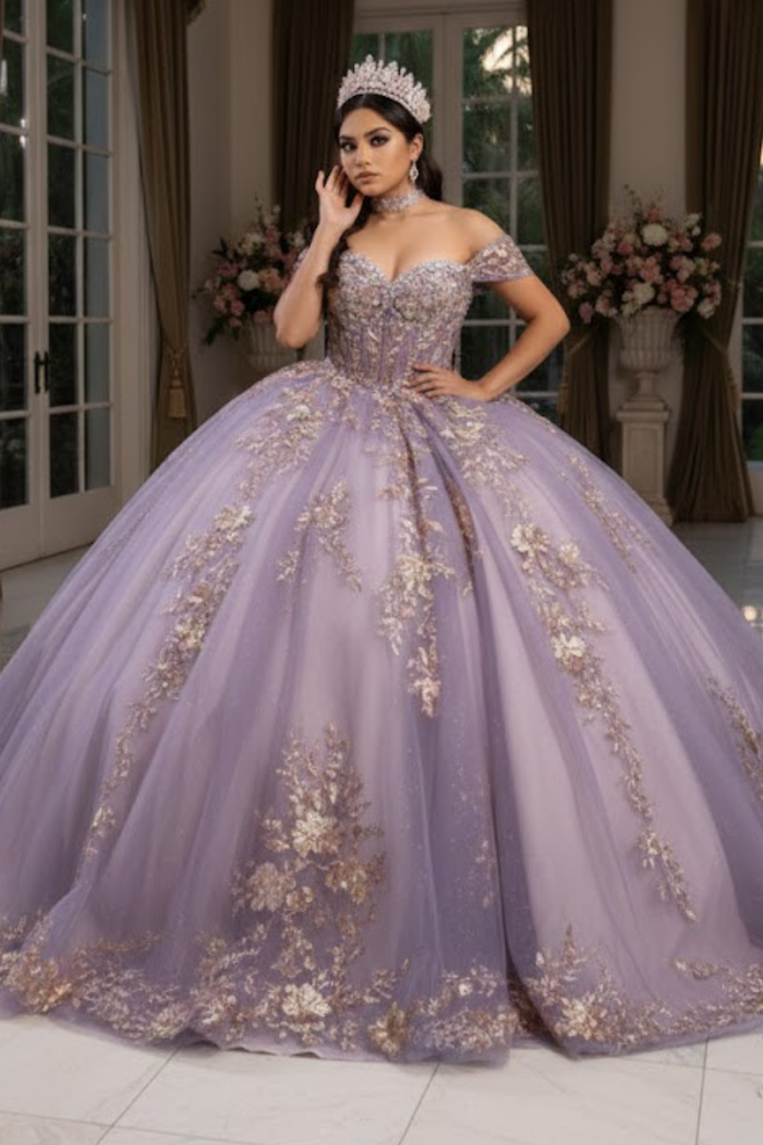 Quinceañera Ball Gown Off Shoulder Glitter Tulle Dress with 3D Floral Appliqués Long Train by Layla K LK292