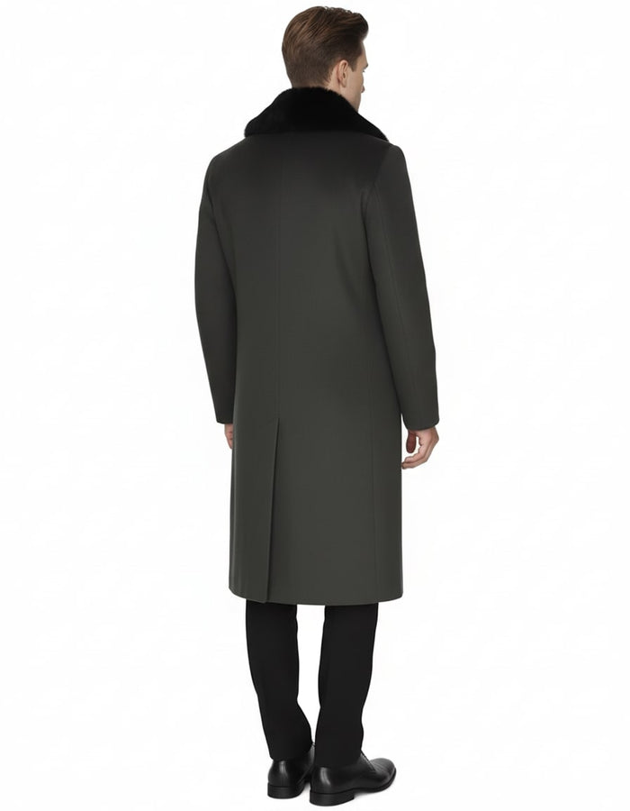 Mens Full Length Olive Overcoat with Black Fur Collar  Luxury Wool Fabric Winter Long Coat in Hunter Green