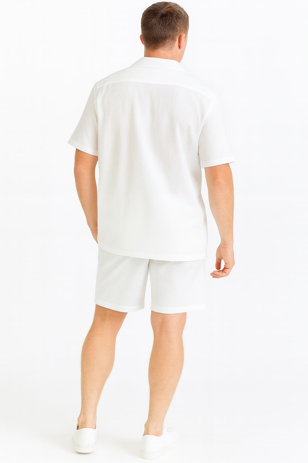 Mens White Seersucker Short Set  Lightweight Summer Outfit with Shirt and Shorts